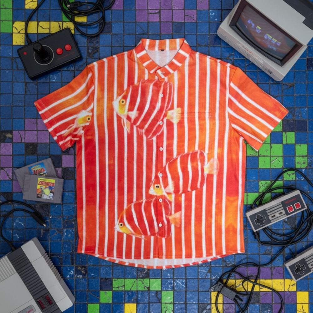 Striped Fish Print Button-Up Shirt Orange Regular
